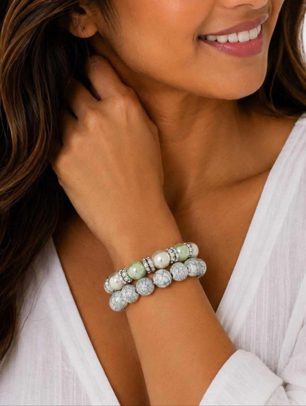 💎Stretch Bracelet Set Pearl Howlite Elephant Charm Stack Boho Chic EUC